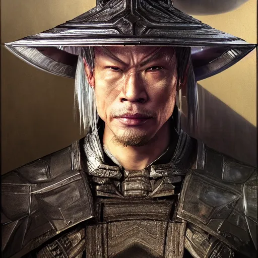 Image similar to highly detailed hybrid of raiden from mortal kombat, and raiden from metal gear solid wearing an asian conical hat. vfx portrait, stephen bliss, unreal engine, greg rutkowski, alphonse mucha, beeple global illumination, translucent, sub - surface scattering, detailed and intricate environment