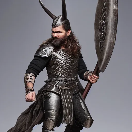 Image similar to of a viking from valhalla, wearing the horned helmet ultra fine detail, hair strands, ultra high resolution, fine texture detail, miniature painting techniques, perfect proportions, marvel cinematic universe, eric bana