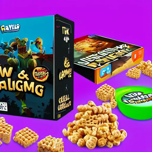 Prompt: new cereal box that talks about games, gaming, gamer, cinematic lighting