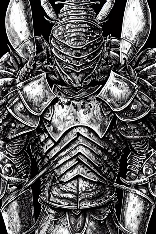 Image similar to human warrior, lobster themed armour, crab, symmetrical, highly detailed, digital art, needles, sharp focus, trending on art station, kentaro miura manga art style