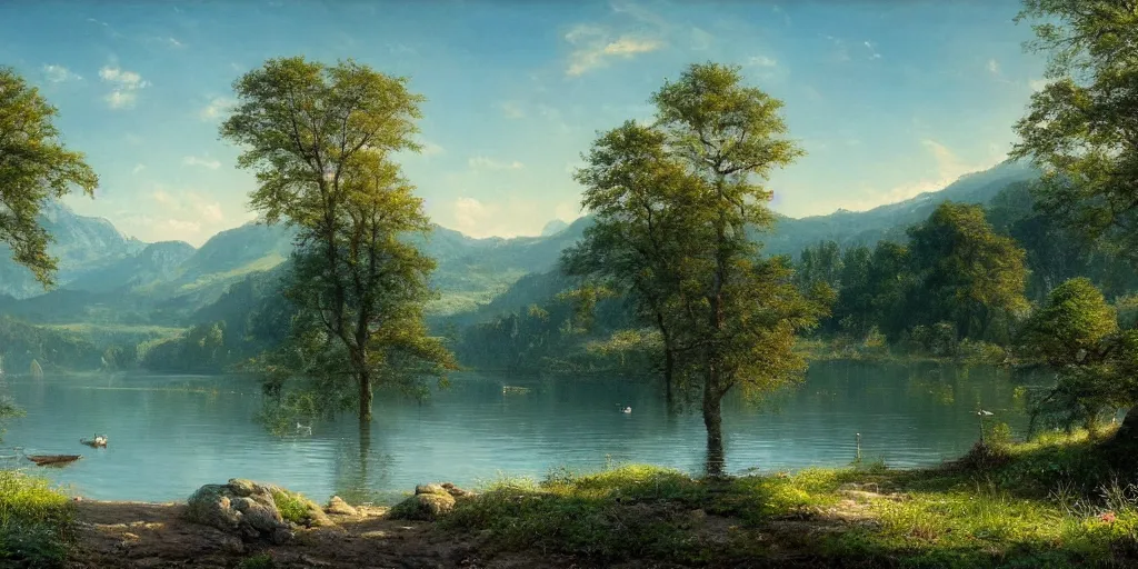 Image similar to a beautiful lake landscape in summer, by Ernest deutsch + Ted Nasmith, cinematic lighting, masterpiece, highly detailed, 8k resolution, trending on art station