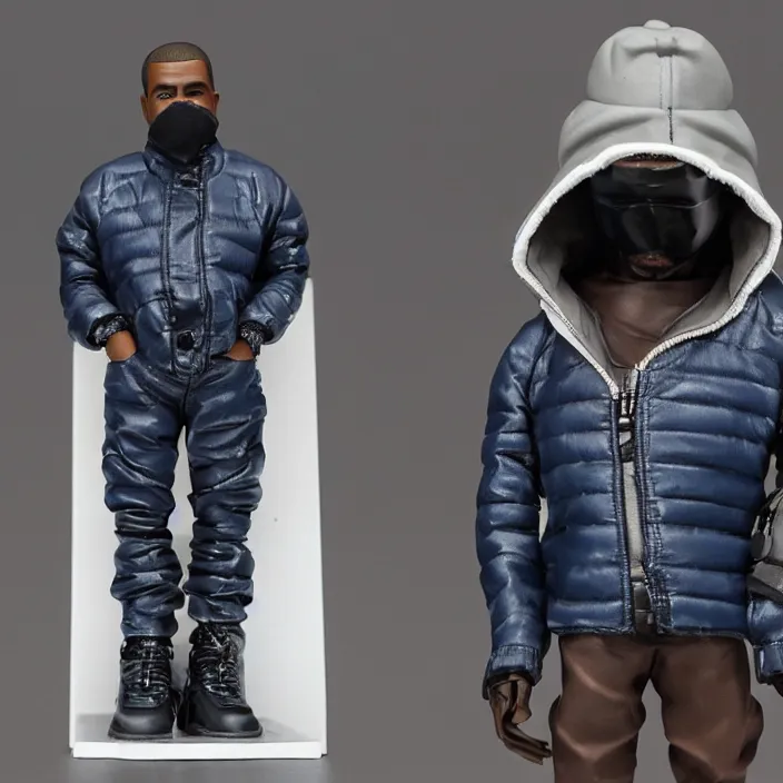 Prompt: a goodsmile figure of kanye west using a full face covering black mask, a small, tight, undersized reflective bright blue round puffer jacket made of nylon, dark jeans pants and big black balenciaga rubber boots, figurine, detailed product photo