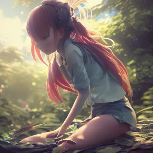Prompt: very very small little girl by ross tran, sitting on a gigantic green leaf by sana takeda, nvidia rtx reflections, octane render 1 2 8 k resolution, extreme high intricate details, digital anime art by wlop, medium shot, mid - shot, composition by ilya kuvshinov, lighting by greg rutkowski