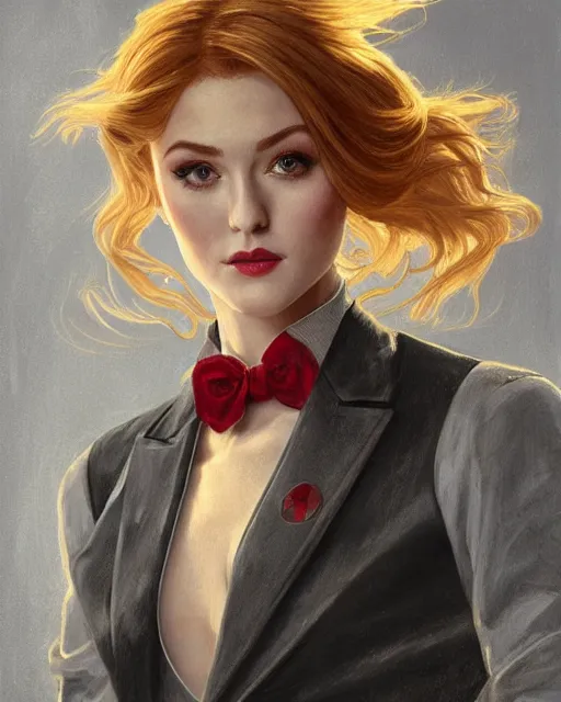 Image similar to katherine mcnamara wearing a golden dress, grey hair, red necktie, cinematic, stunning, highly detailed, digital painting, artstation, smooth, hard focus, full body shot, illustration, art by artgerm and greg rutkowski and alphonse mucha