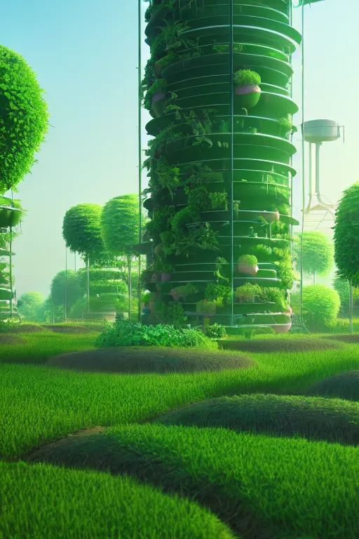 Image similar to vertical agriculture, solarpunk, studio ghibli, octane render, 4 k