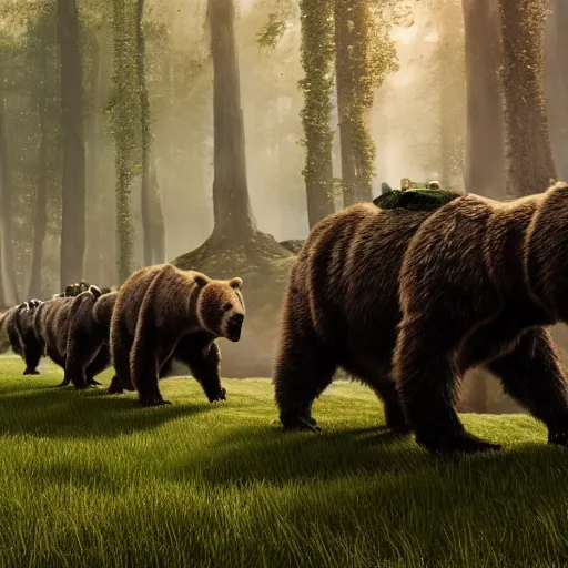 Image similar to an line of armored bears facing a line of cyber-bulls, magical forest, fantasy, Ireland, England, king Arthur, Lord of the rings, cinematic, realistic style, beautiful, majestic, dramatic lighting, early morning, dawn CGsociety, realistic, hyper maximalist, golden ratio, octane render, rule of thirds, wide shot , 8k resolution, epic volumetric light, cinematography, concept art, Artstation trending, environments, fantasy