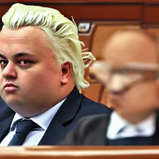 Image similar to obese geert wilders sitting in parliament bench