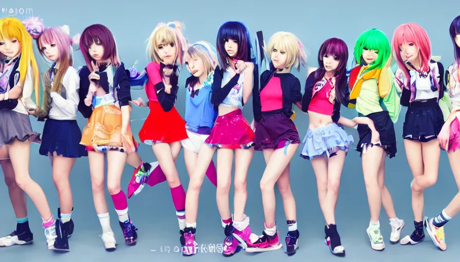 Image similar to group of cute anime characters jumping, colorful outfits, short miniskirts, lightly dressed, ultra detailed digital art, hyper real, detailed, group photo, ultra detailed, ground up angle