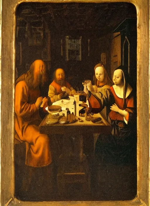 Image similar to a candlelit table at the inn, two people sitting at the table, swirling smoke, dark smoke, realistic, in the style of leonardo da vinci, dutch golden age, amsterdam, medieval painting by jan van eyck, johannes vermeer, florence