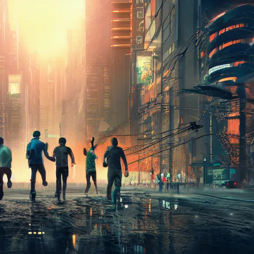 Prompt: landscape bunch of people running away scared from cryptocurrency logo standing in the city, cyberpunk, artstation, hyperdetailed, hdr, 8 k