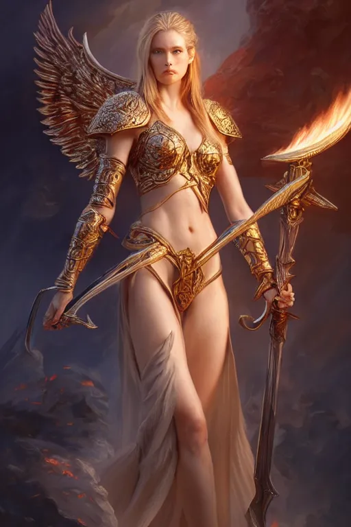 Image similar to a masterpiece ultrarealistic ultradetailed portrait of a very beautiful warrior queen angel with a fire sword, medium shot, intricate, elegant, by stanley artgerm lau, wlop, rossdraws, james jean, andrei riabovitchev, marc simonetti, light by julie bell, porcelain skin. global illumination, vfx