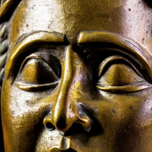 Image similar to close up shot of an old bronze patina statue of kitano takeshi in a museum