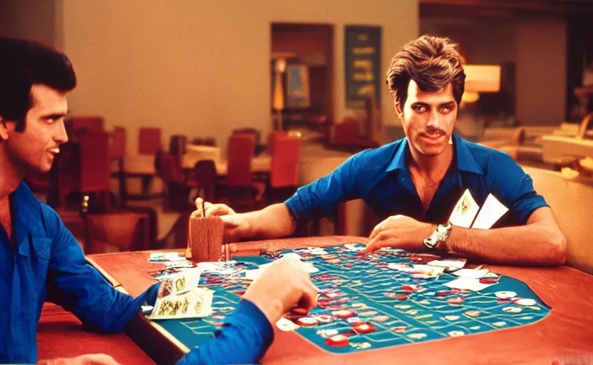 Prompt: color photo of a photomodel handsome man playing poker. las vegas. 8 0's style