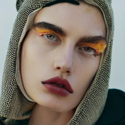 Image similar to editorial full outfit directed gaze, close - up of models face, photographed by benjamin vnuk