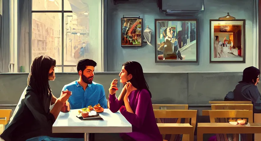 Image similar to a guy and a girl on a date in a restaurant, far corner. art by salman toor. faithfully depicted facial expression, perfect anatomy, sharp focus, global illumination, radiant light, detailed and intricate environment, trending on artstation