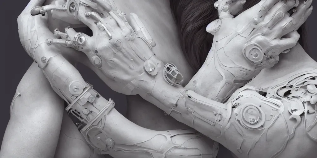 Image similar to hyperrealistic photography of a stunningly beautiful cyborg female, mechanical elbow, plated arm, intimate, holding hands, in the style of beth cavener, jin kagetsu,, and wlop, highly detailed, intricate, face symmetry, masterpiece, award - winning, sharp focus, concept art, high key, ambient lighting, 8 k, octane render, artstation