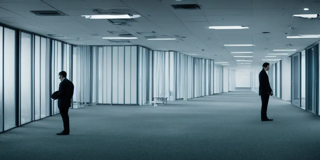 Image similar to a man standing in an office building, cubicles, cinematic, anamorphic lens, atmospheric, cinematography by greig fraser