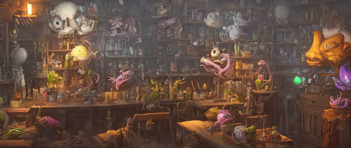 Prompt: an aaahh!!! Real monsters apothecary by James Gurney and beeple | unreal engine