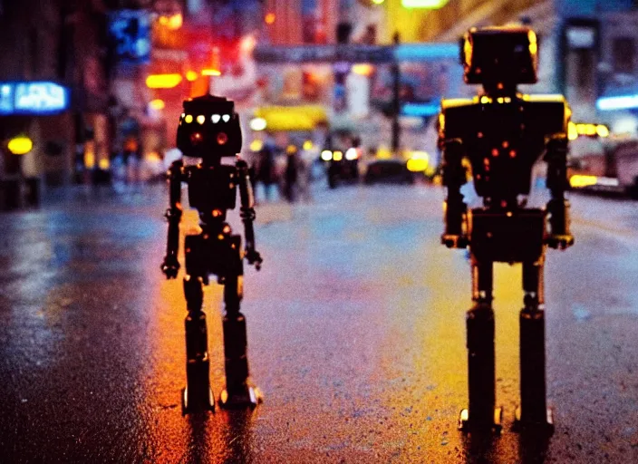 Prompt: a 2 8 mm macro kodachrome photo of a tall huge metallic cyborg droid with glowing lights, walking alone on a rainy night in the city in the 1 9 5 0's, seen from a distance, bokeh, canon 5 0 mm, cinematic lighting, film, photography, golden hour, depth of field, award - winning, neon, cyberpunk