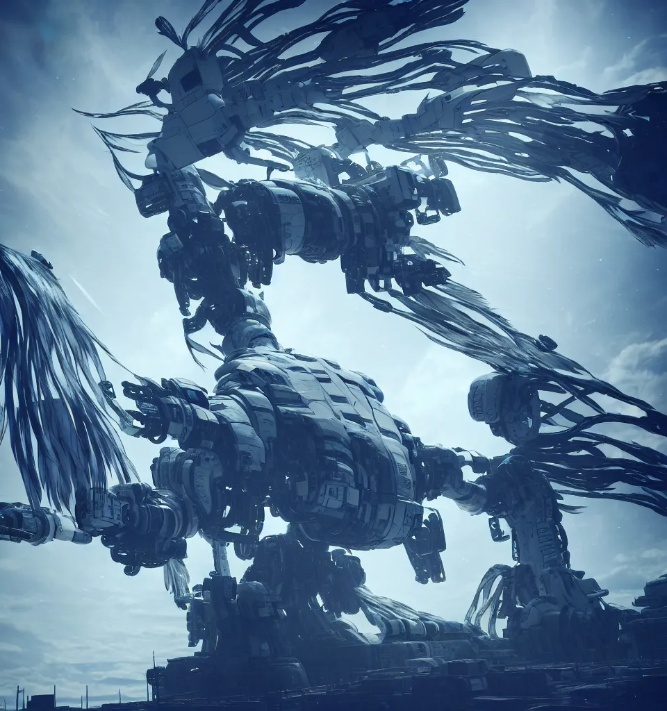 Prompt: white machine feathers flowing surrounding white azure armored core mech, massive flowing machine wing and machine feathers swirling, rotating, spinning interwoven armored core, massive flowing machine wing and machine feathers cinematic still, dark atmosphere, smog, in the flow of time, slow motion,, endoskeleton, post processing, vray render, ultra detailed, trending on artstation, 8 k,