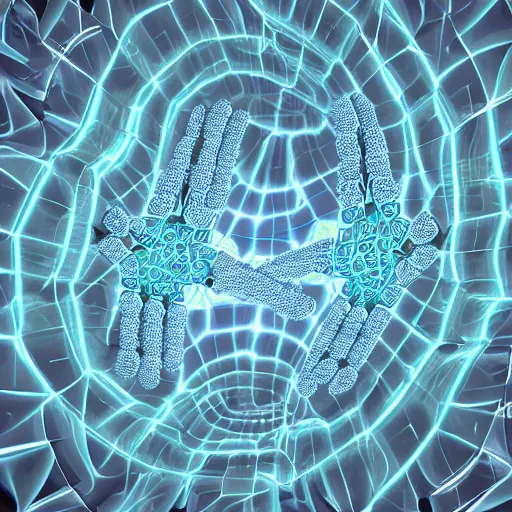 Image similar to A fractal art piece which demonstrate the hand shake between humans and robots