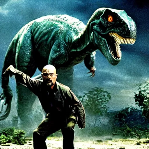 Prompt: walter white trying to escape the tyrannosaurus in jurassic park, intricate detail, night time, very realistic, movie still, rain, atmospheric, gritty, sharp focus, dramatic,