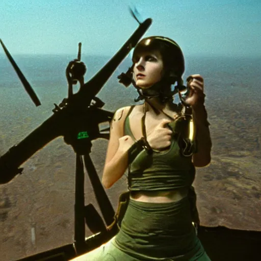 Image similar to film still, bell huey helicopter extreme far view, emma watson vietnam door gunner, film still from apocalypse now ( 1 9 7 9 ), 2 6 mm, kodak ektachrome, blue tint expired film,