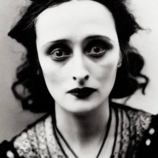 Prompt: headshot edwardian photograph of helena bonham carter, shelley duvall, glenn close, 1 9 2 0 s, sinister, evil, realistic face, 1 9 1 0 s, grainy, victorian, soft blur