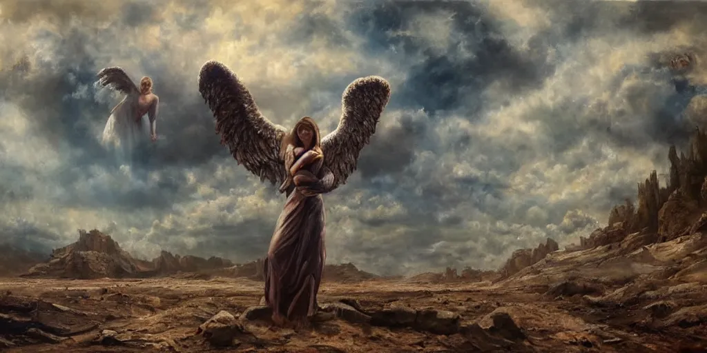 Prompt: a lone angel to the very right of the image, wasteland. oil painting. masterpiece.