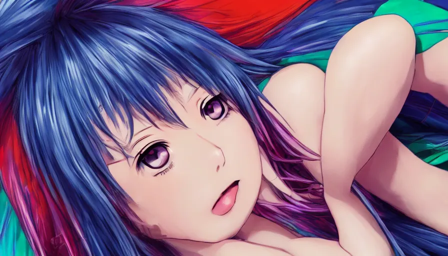 Image similar to cute anime character lying down, colorful outfit, realistic face, detailed face, detailed eyes, short miniskirt, lightly dressed, ultra detailed digital art, hyper real, detailed, ultra detailed, ground up angle, full body shot, wide angle