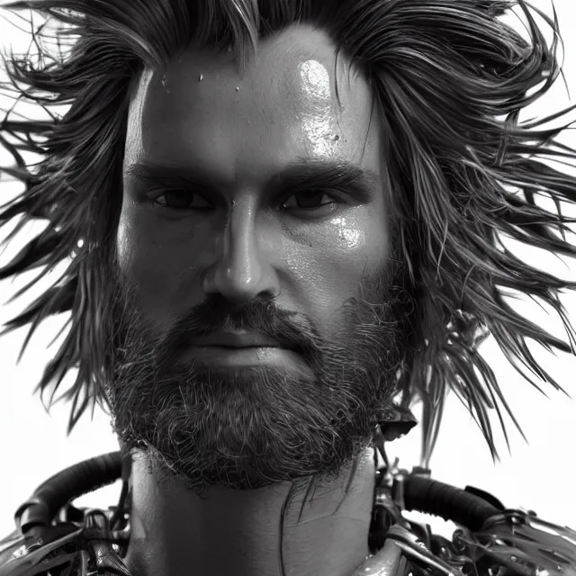 Prompt: realistic, dark hairy handsome man, love, joy, complex cybernetic beings, glowing hair, vortexes, large array, ornate hair, 3 d model, fish eye, round form, cinematic light shadows, wet hdr refractions, insanely detailed rendering, artstation, 8 k, * * * * *