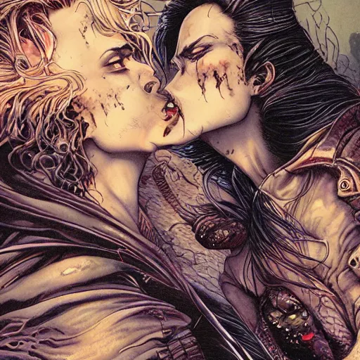 Image similar to closeup of melting kissing vampires, catelvania, by yoichi hatakenaka, masamune shirow, josan gonzales and dan mumford, ayami kojima, takato yamamoto, barclay shaw, karol bak