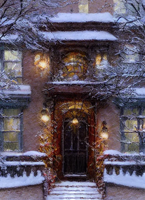 Prompt: new york apartment building in winter, wreath on door, snow, artwork by gaston bussiere, craig mullins, trending on artstation