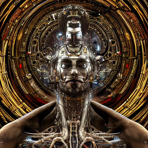 Image similar to blinded cybernetic deity achieving nirvana with its networked mind, lsd, circuitry, intricate detail, royo, whealan, giger, klimt, hd, octane render, unreal engine,