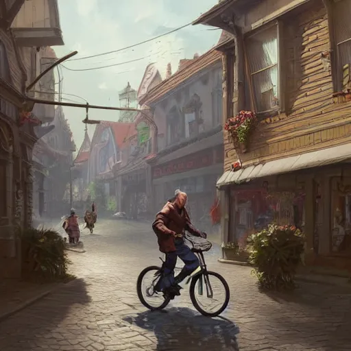 Image similar to man with receding hairline biking through beverley town centre, intricate, elegant, highly detailed, digital painting, artstation, concept art, matte, illustration, hearthstone, art by artgerm and greg rutkowski and alphonse mucha, simon stalenhag, hyperreal
