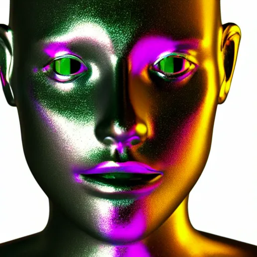 Image similar to 3d render of holographic human robotic head made of glossy iridescent, surrealistic 3d illustration of a human face non-binary, non binary model, 3d model human, cryengine, made of holographic texture, holographic material, holographic rainbow, concept of cyborg and artificial intelligence