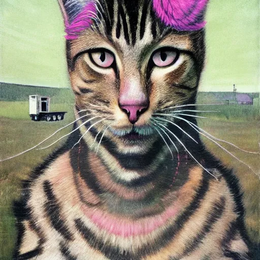 Image similar to fuzzy furry ears Portrait of Man camouflaged as Tabby Cat whilst wearing a pink tuxedo Standing atop a Garbage Truck Newell Convers Wyeth Andrew Wyeth Jamie Wyeth