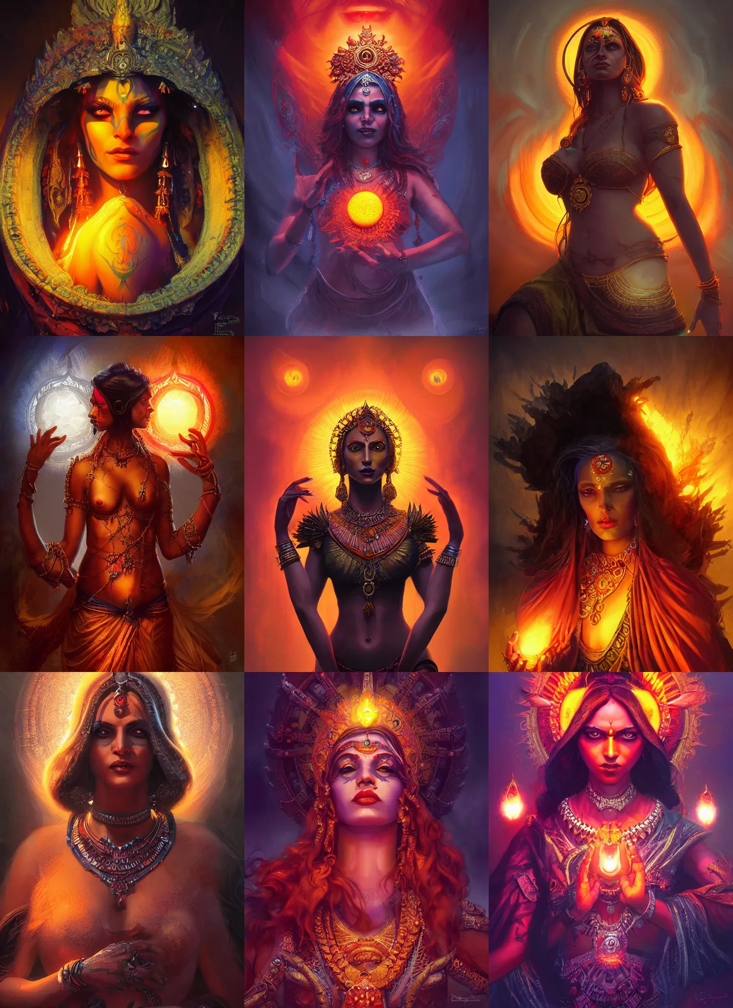 Prompt: hindu sun goddess, vivid colors, dark shadows, contrast, concept art, sharp focus, digital art, Hyper-realistic, 4K, Unreal Engine, Highly Detailed, Dramatic Lighting, Beautiful, by Brom, bastien lecouffe-deharme
