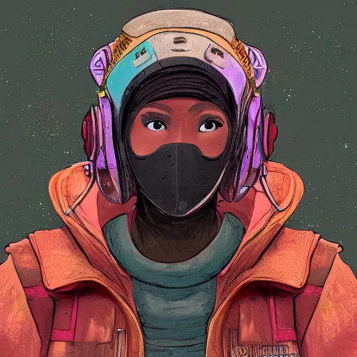 Image similar to in the style of ghostshrimp and bubbltek a highly detailed character concept illustration of a young mixed race explorer wearing a cyberpunk headpiece