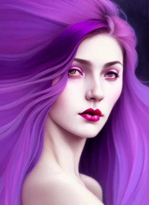 Prompt: Purple hair relistic Portrait of a two woman with bright colored flying hair, all shades of purple. Beauty face, red lips, Hair coloring, fantasy, intricate, elegant, highly detailed, digital painting, artstation, concept art, smooth, sharp focus, illustration, art by artgerm and greg rutkowski and alphonse mucha