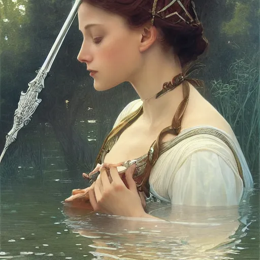 Prompt: portrait of the lady of the lake rising from the water holding excalibur, intricate, elegant, highly detailed, digital painting, artstation, concept art, smooth, sharp focus, illustration, art by artgerm and greg rutkowski and alphonse mucha and william - adolphe bouguereau