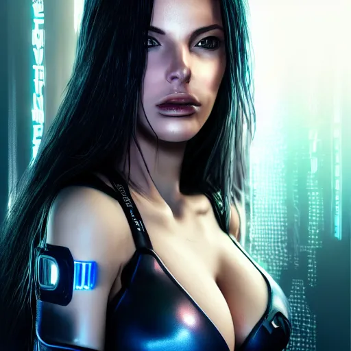 Image similar to realistic detailed portrait of Cyberpunk woman, portrait, long dark hair, cyber implants, Cyberpunk, Sci-Fi, science fantasy, Kelly Brook, glowing skin, full body, beautiful girl, extremely detailed, sharp focus, model