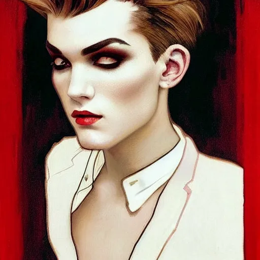 Image similar to beautiful portrait of androgynous ruby rose as desire from sandman in a white tuxedo!!!, rockabilly style,, by alphonse mucha, by jeremy mann, by peter lindbergh, dave mckean, by frank moth, white suit and black tie, soft lightning, high detailed, 8 k