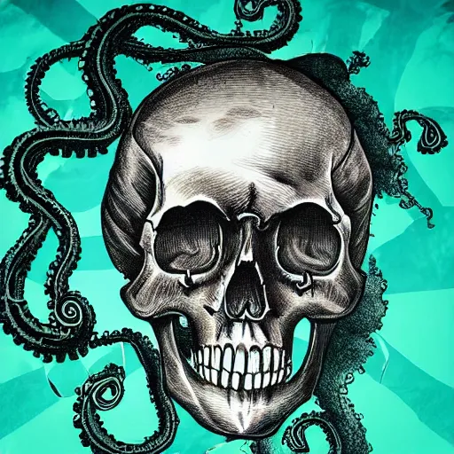 Image similar to skull of a pirate with tentacles protruding out at the bottom of the ocean