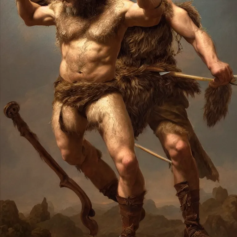 Image similar to renaissance painting full body portrait of a gruff ranger with a spear, lean and toned, handsome face, hairy chest and hairy body, D&D, intricate, elegant, highly detailed, digital painting, artstation, concept art, matte, sharp focus, chiaroscuro, well list, illustration, art by Artgerm and Greg Rutkowski and Alphonse Mucha