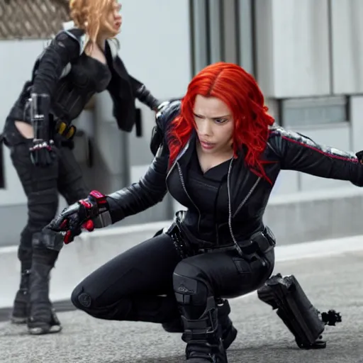 Image similar to movie still of Scarlett Johansson as Black Widow handling over her things to Avril Lavigne to be the new Black Widow