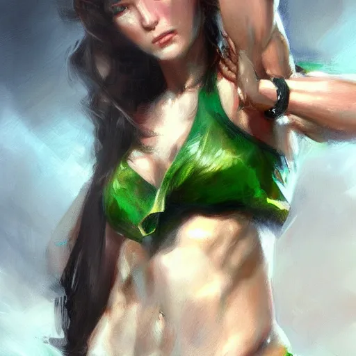 Image similar to muscular fubuki by daniel gerhartz, dark green hair, trending on artstation