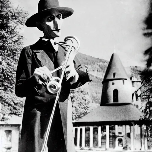 Image similar to vintage photograph of count orlok outside his castle, playing trombone, castle in the background, 4 k