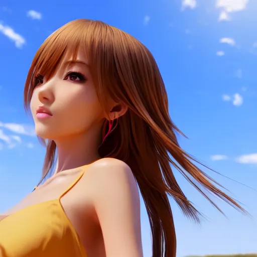 Prompt: Render of a very beautiful 3d anime girl, long hair, hazel eyes, full round face, short smile, cute sundress, golden hour, serene beach setting, medium shot, mid-shot, highly detailed, trending on Artstation, Unreal Engine 4k