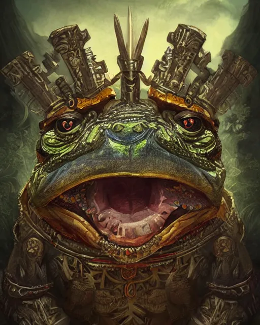 Prompt: digital painting of a gigantic aztec frog warrior wearing ornate armor by filipe pagliuso and justin gerard, symmetric, fantasy, detailed, intricate, portrait, sharp focus, tarot card, handsome, gwent